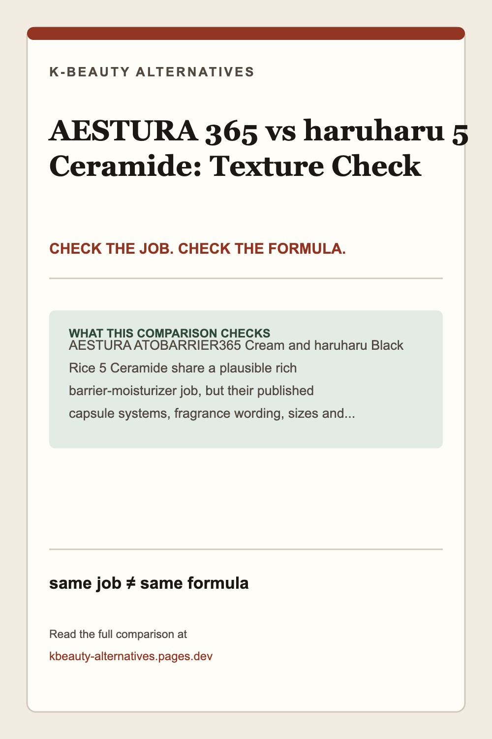 AESTURA ATOBARRIER365 Cream versus haruharu Black Rice 5 Ceramide Cream: same broad barrier-moisturizer job with different published formula and size boundaries