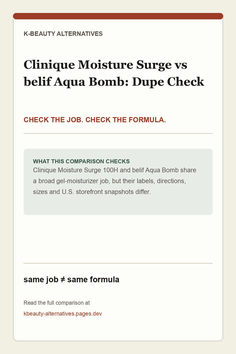 Clinique Moisture Surge versus belif Aqua Bomb: the same broad gel-moisturizer job with different published labels