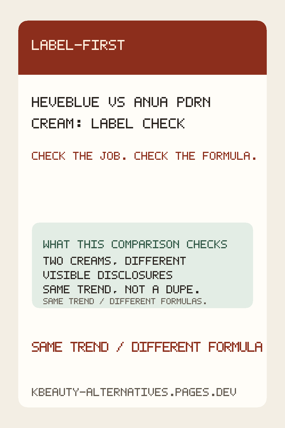 Heveblue versus Anua PDRN cream label comparison by format, visible wording and routine cues