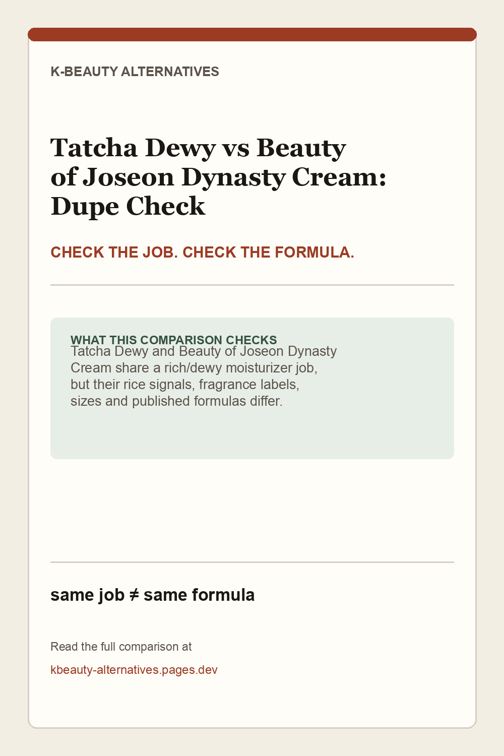 Tatcha Dewy versus Beauty of Joseon Dynasty Cream: the same broad rich/dewy moisturizer job with different published formulas