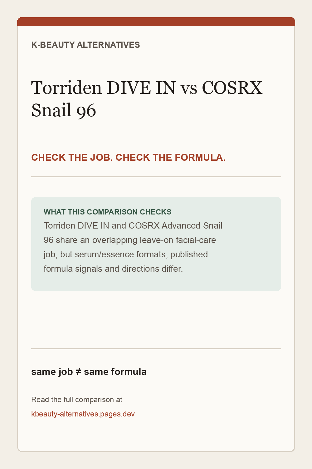 Torriden DIVE IN Serum versus COSRX Advanced Snail 96 Mucin Power Essence: overlapping leave-on facial-care job with different published formula signals